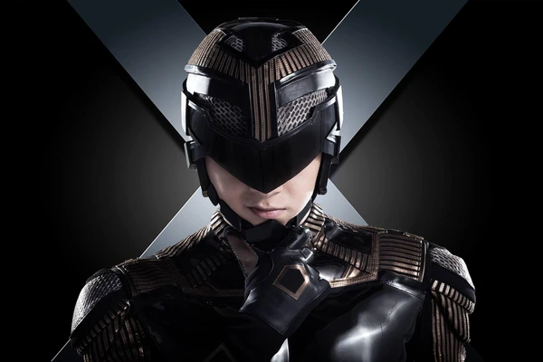 Character in Siêu Nhân X wearing a black high - tech armor, looking determined.